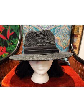 Furtalk Women's Black Wide Brim Fedora Straw Hat  Ribbon Sun Protection Size M/L